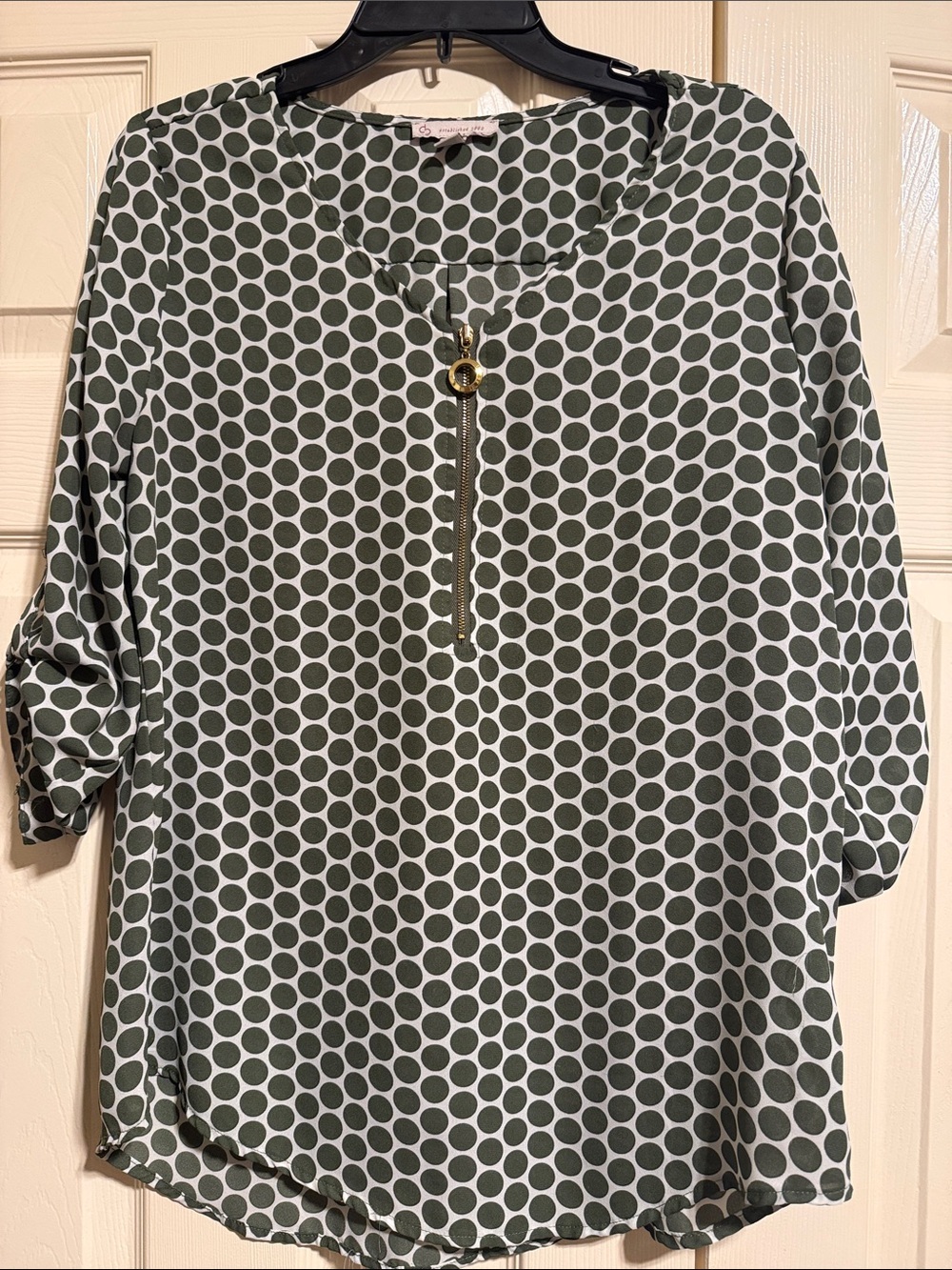Dress Barn Olive and White Polka Dot Tunic with Gold Zip